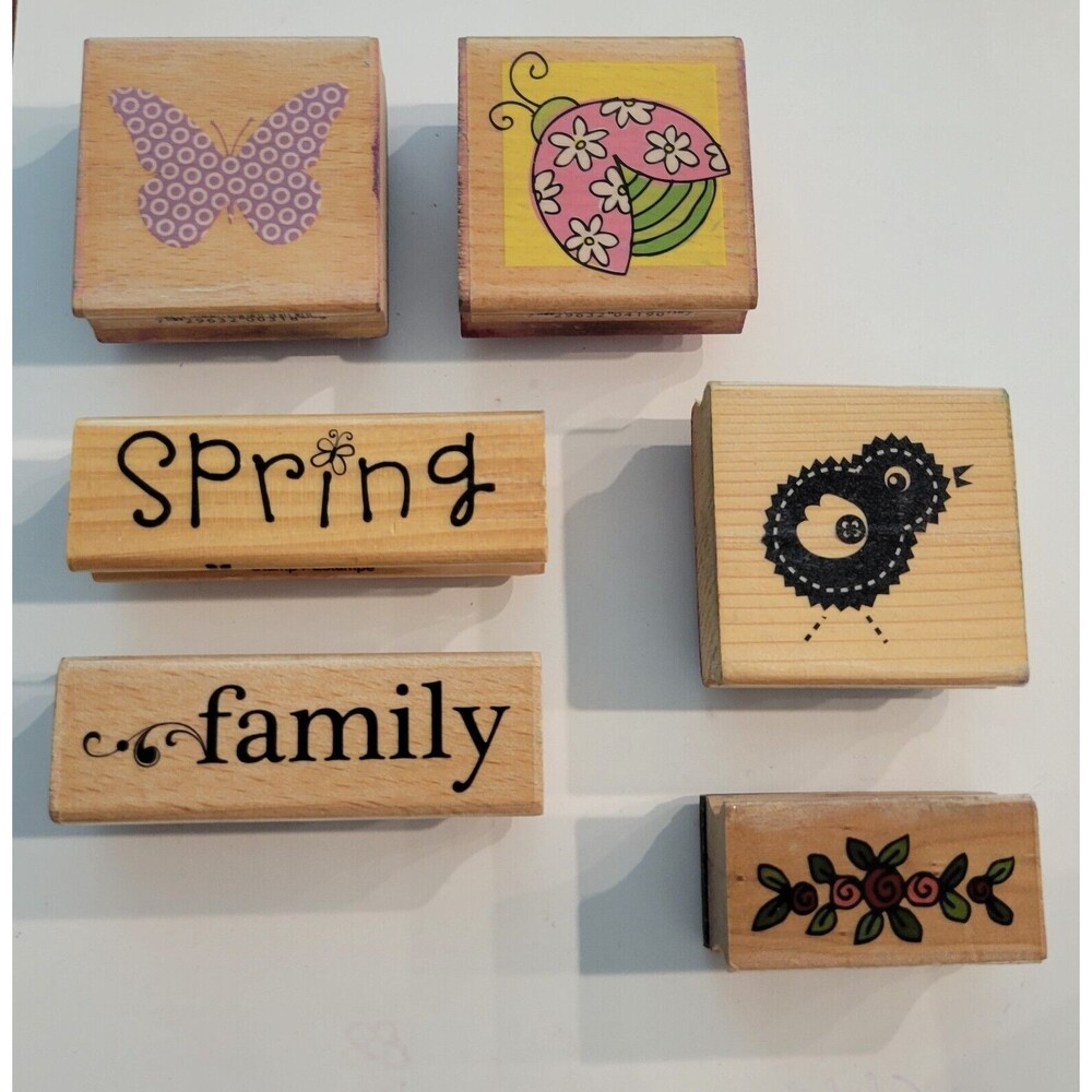 Lot of 6 Spring Rubber Stamps Hampton Art / Craft Smart Wooden Handle